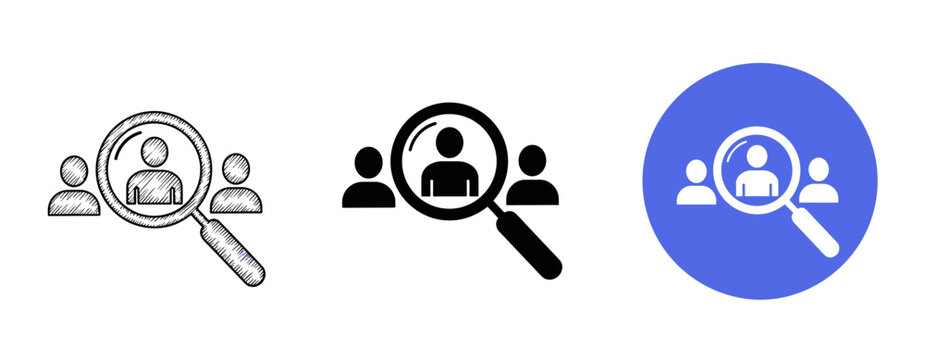 Icons of people under magnifying glass highlighting individuality and teamwork