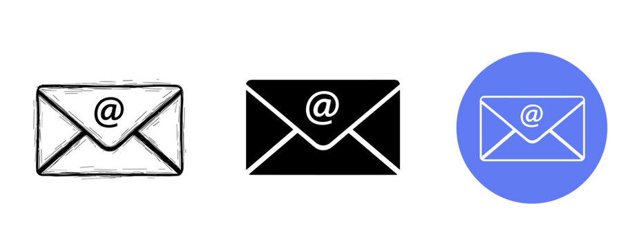 Email icon variations: sketch, solid, blue circle background