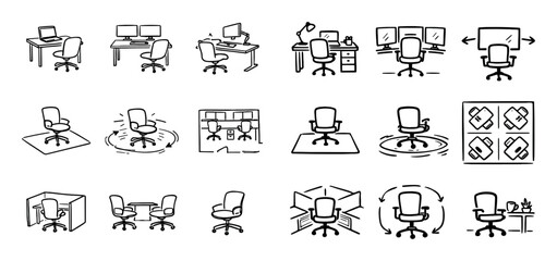 Fototapeta premium Workspace and office concept icons with workstation setup rolling area and daily use for infographic design in sketch illustration