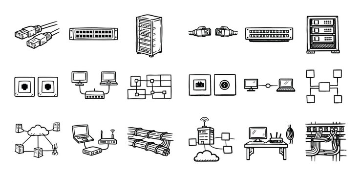 Computer networking infrastructure icon set with wall outlets connection points physical layout for infographic design in sketch line style