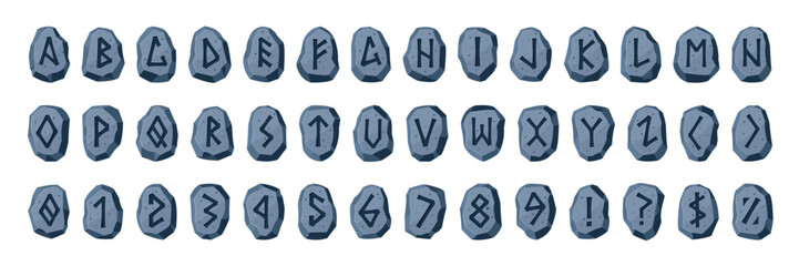 Rune alphabet font. Norse viking stone runic letters, ancient celtic typeface medieval nordic tribal magic warrior mystery occult pagan tattoo set qualitative vector illustration © ssstocker