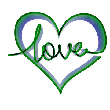 Green heart shape icon with the word love written in elegant cursive script isolated on transparent background