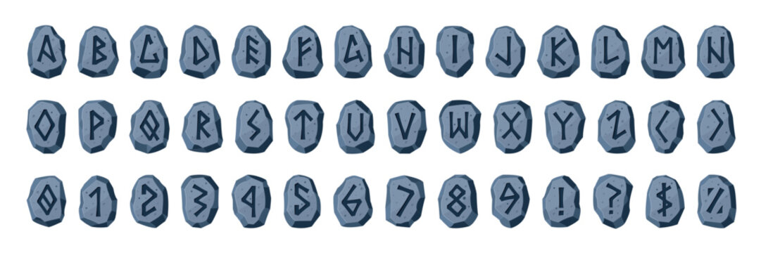 Rune alphabet font. Norse viking stone runic letters, ancient celtic typeface medieval nordic tribal magic warrior mystery occult pagan tattoo set qualitative vector illustration
