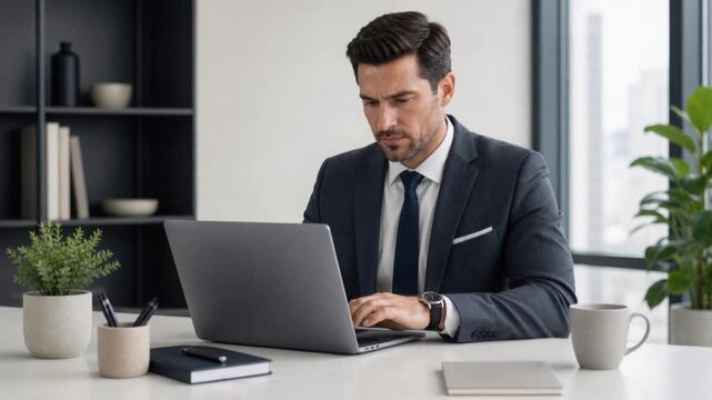 Focused businessman working on laptop in modern office with plants and city view
