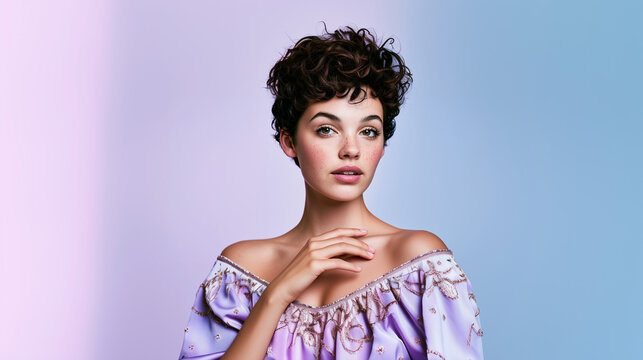 Woman in Off-Shoulder Top Against Pastel Background.