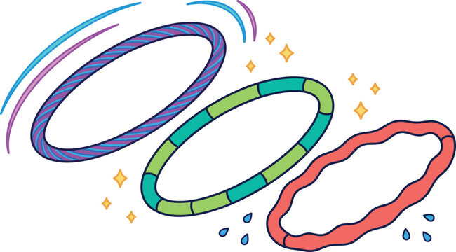 Colorful Hula Hoop Vector Illustration Set with Striped Sectional and Wavy Motion Hoops for Fitness Gymnastics and Kids Outdoor Play Designs