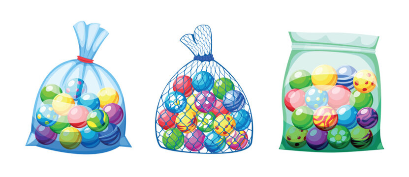 Marble balls bags. Marble ball in pouch, glass plastic beads sack bag pack marbles box taw bingo kids old game dice bubbles toy spheres cartoon qualitative vector illustration