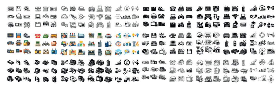 Media and technology vector icons with camera, video reel and microphone for infographic visualization in line art style
