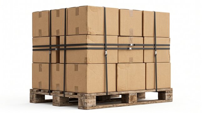 Stack of Cardboard Boxes Secured with Straps on a Wooden Pallet for Shipping and Logistics isolated white background