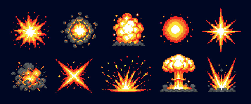 Pixel explosion. Boom blast effect arcade game 8 bit art, retro fire fight space war bright explode pixelart cosmic energy flash hot power cartoon qualitative vector illustration