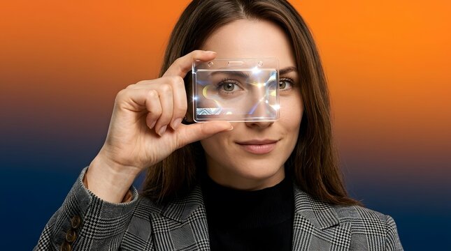 Identity card woman and professional holding badge for security, access control and corporate verification. Female employee, office worker and future tech with identification, id, pass and vision
