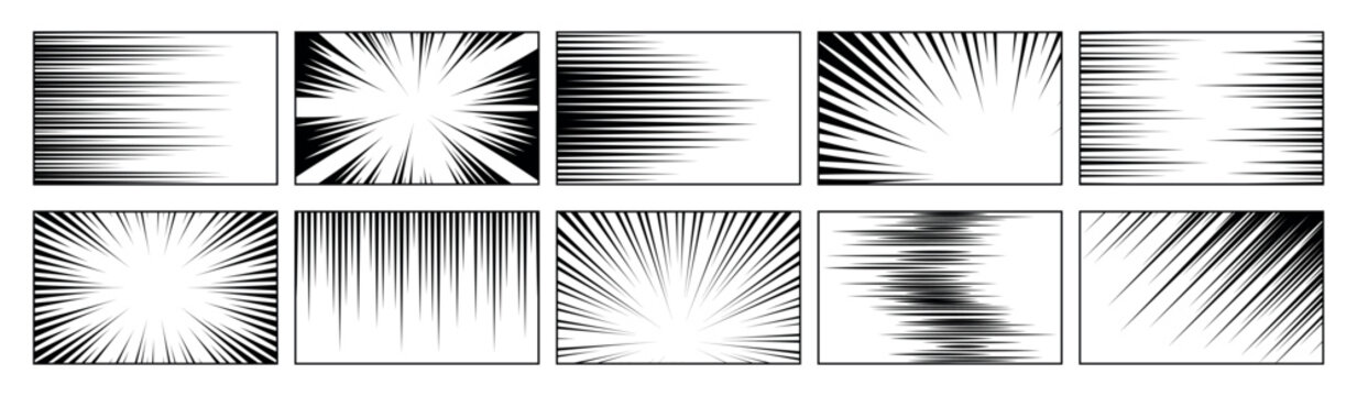 Manga speed lines. Anime action motion radial burst boom comic book bang power flash fast dynamic force impact explosion scream strip hero lightning qualitative vector illustration