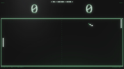 Naklejka na ściany i meble Classic ascii pong rally unfolds across a wide neon court with live ball speed and player scores framing the action, retro gaming loop for twitch overlays and tech ads