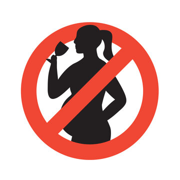 no alcohol during pregnancy icon, FAS (fetal alcohol syndrome) risk, pregnant woman drinking alcohol inside red prohibition sign, warning symbol for prenatal health - vector illustration