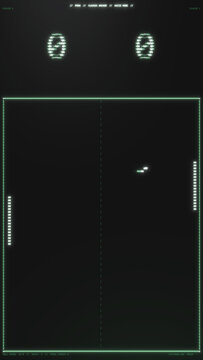 Vertical ascii pong match plays out on a glowing court as the ball trails between paddles and rally stats tick over, nostalgic arcade loop for gaming reels and app promos