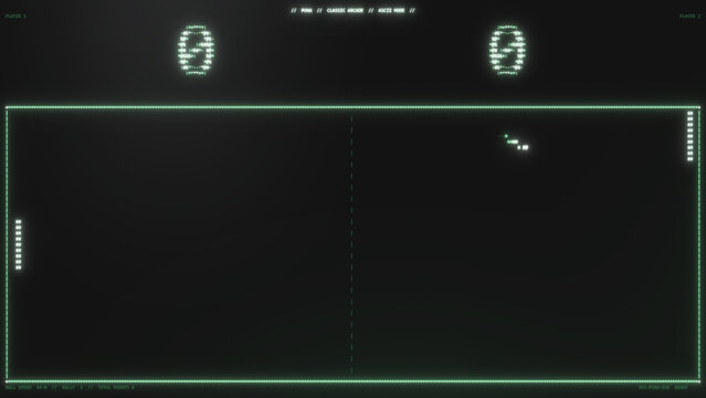 Classic ascii pong rally unfolds across a wide neon court with live ball speed and player scores framing the action, retro gaming loop for twitch overlays and tech ads