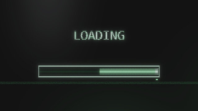 Glowing ascii loading headline sits above a progress bar filling toward completion as hex code streams below, dark ui mood for tech promos and software launch videos