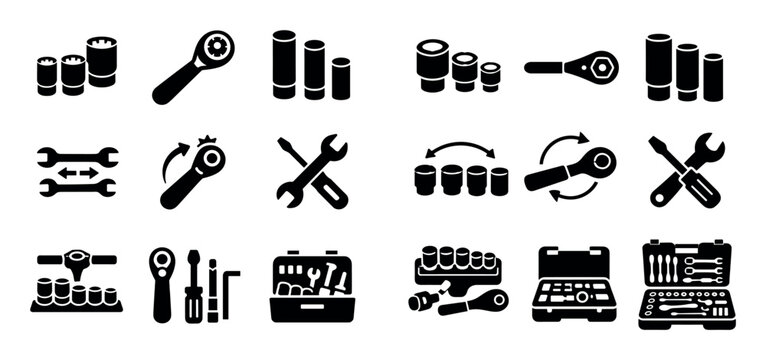 Socket tools and fastening system icon set with socket heads ratchet handle deep sockets for user interface design in filled glyph icons