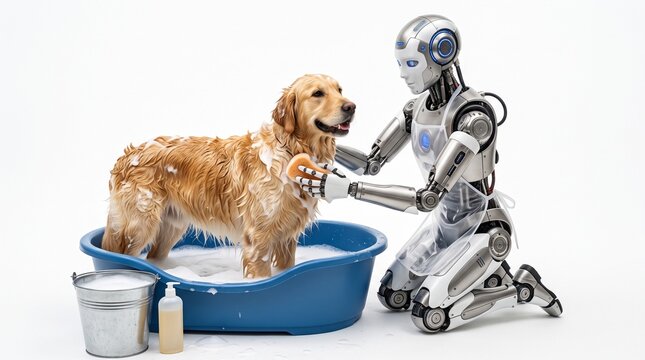 Advanced robot washes a golden retriever dog in a blue tub with soap and water on a white background isolated white background