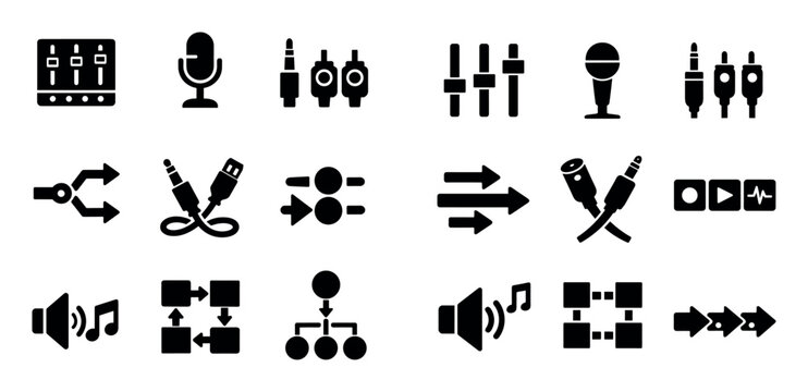 Audio channels and signal routing design icons with mic inputs line ports and cable connections for user interface design in solid black filled style