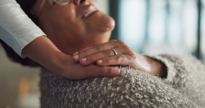 Happy, caregiver or hands on shoulder with senior patient for support, healthcare or comfort in home. Nurse, touch or elderly care with female person, love or empathy for assisted living in house