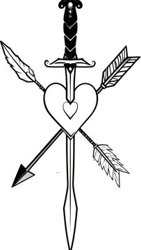 A heart pierced by a sword and two arrows