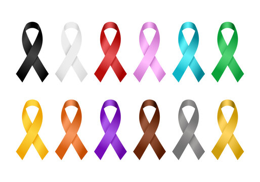 Awareness ribbons icon sheet. Set of colorful medical support symbols
