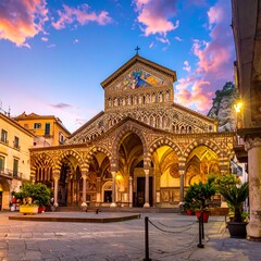 Obraz premium A historic stone church with ornate arches and a clock tower stands in a plaza at dusk