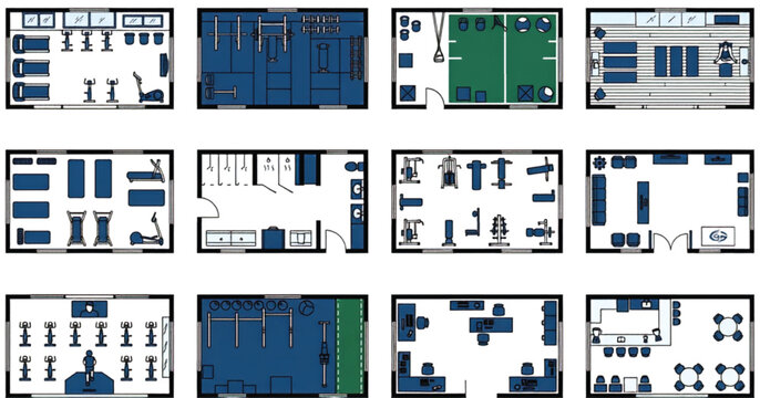 Modern fitness center floor plan icon set and various fitness room vectors included