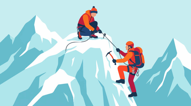 Two mountain climbers working together on a snowy mountain peak