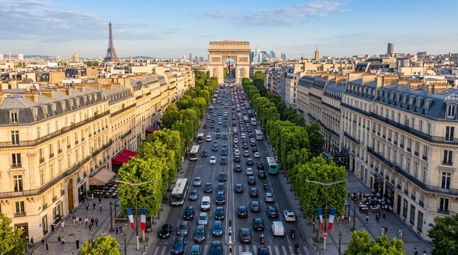 Aerial view of the Champs-&Eacute;lys&eacute;es, Paris, France; a drone glides in slow motion over an elegant avenue with heavy traffic and historic buildings illuminated by the morning sun.