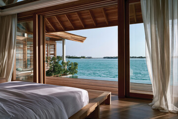 Fototapeta premium A serene bedroom with elegant decor showcases a breathtaking view of the tranquil waters, perfectly merging relaxation with modern luxury in a coastal setting.