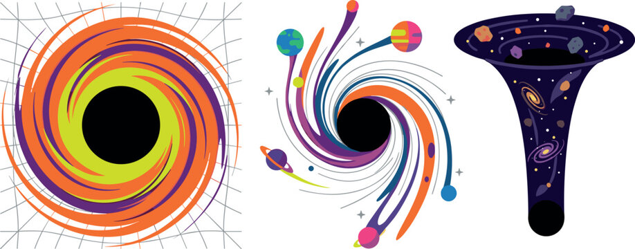 Cosmic Black Hole Infographic Vector Set with Gravitational Singularity, Spacetime Grid Distortion, Swirling Wormhole, and Devoured Planets for Science Education