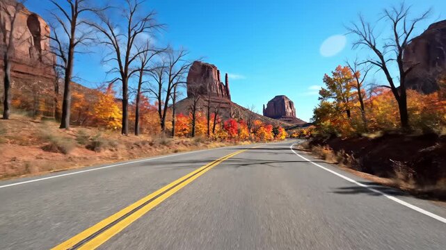 Winding road through Monument Valley with colorful autumn trees