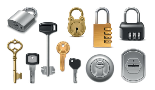 Realistic key padlocks. Door metal lock, different padlock combination number silver gold car key keyhole retro modern old security code pad 3d isolated garish vector illustration