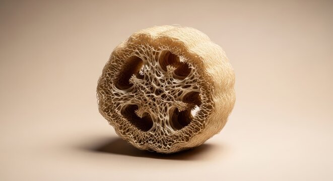 Close up of a dried loofah sponge on neutral background textured detail