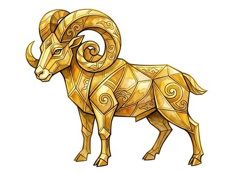 Golden ram with ornate decorative patterns and spiraling horns, isolated on white background. Suitable for logos, emblems, and design projects.