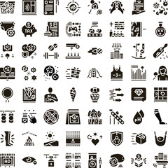 Fototapeta premium Set of glyph icons illustrating diverse themes including technology, lifestyle, finance, industry, health, and communication for modern digital applications and interfaces