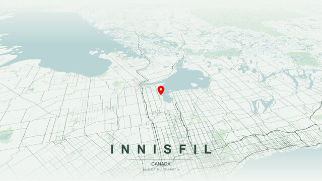Modern minimalist vector map of Innisfil, Ontario. High-quality scalable illustration of Innisfil geographic boundaries, Lake Simcoe shoreline and Kempenfelt Bay networks for posters design.