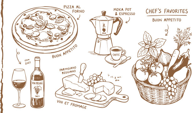 Hand drawn illustration of italian food favorites with pizza coffee wine cheese and fresh vegetables in a sketch style Vector
