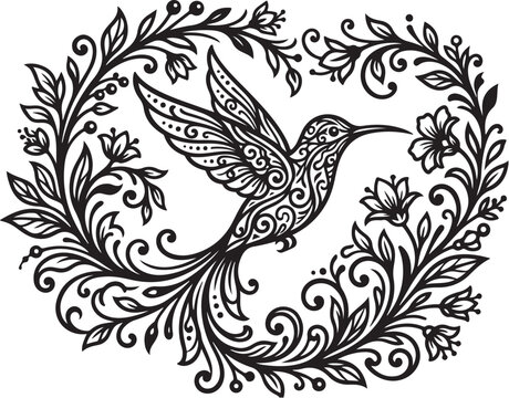 Intricate hummingbird, floral wreath, black and white vector, ornate illustration, decorative bird