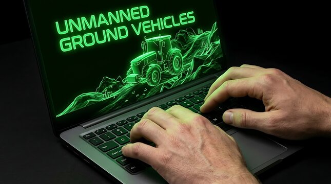 Person typing on a laptop with Unmanned Ground Vehicles text and graphics on the screen.