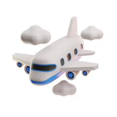 A stylized 3D airplane model with a sleek design, floating among fluffy clouds. Ideal for travel-related themes or aviation projects. © Satria
