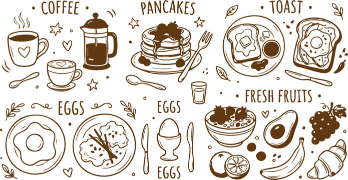 Hand drawn breakfast food set with coffee pancakes toast eggs and fresh fruits in a simple doodle style illustration Vector