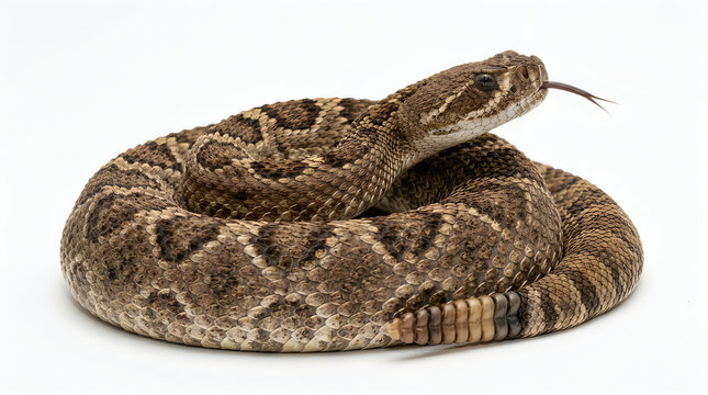 A coiled Western Diamondback rattlesnake with its tongue flicking out, isolated on white background. Dangerous reptile perfect for wildlife and nature.