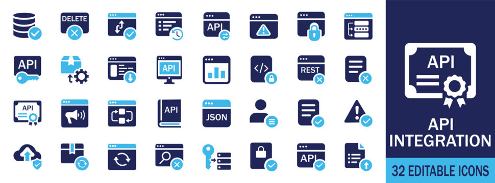 API  integration icon set with digital tools and automation symbols