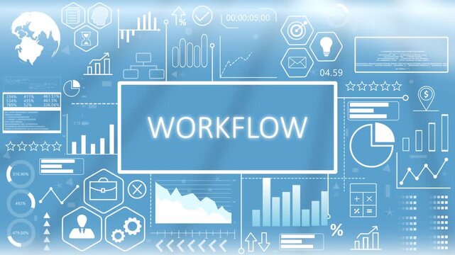 Workflow, Animated Typography.Digital workflow management concept with glowing corporate development metrics and business quality optimization charts on a blue screen.