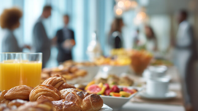 Business breakfast buffet with croissants, fresh fruit and orange juice during a corporate networking event. Hospitality, catering, conference and professional meeting concept.