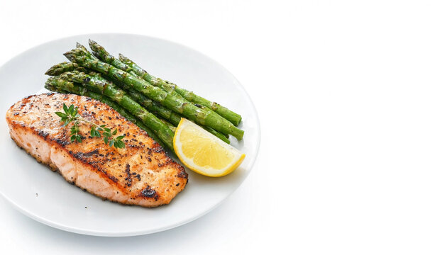 A delicious grilled salmon fillet served with fresh asparagus and a slice of lemon on a white plate. Perfect for healthy meal ideas.