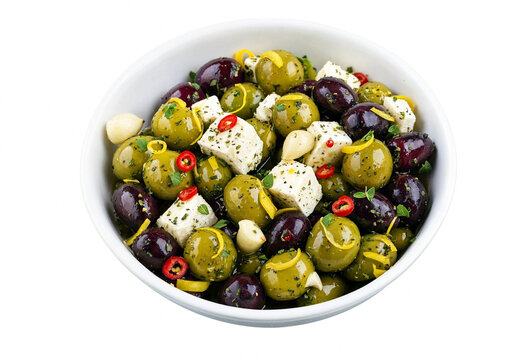 A bowl filled with a variety of marinated olives, feta cheese, and spices. The dish features green and black olives, garlic, and chili peppers, making it a flavorful appetizer.